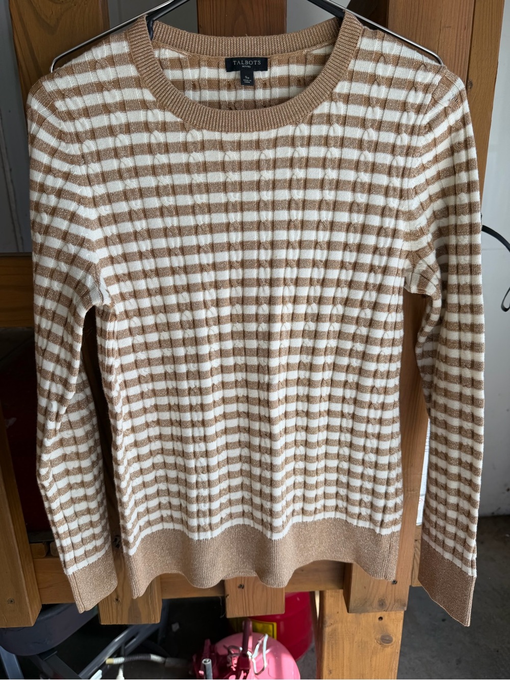 Talbots Cream and Tan Striped Ribbed Crew Sweater